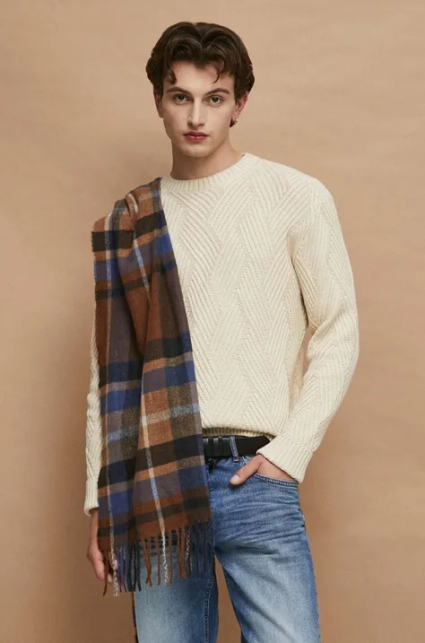Sweter bawełniany męski z fakturą kolor beżowy