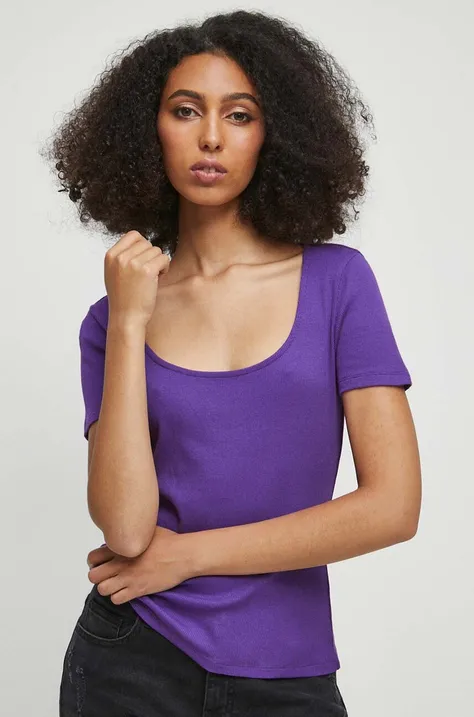 T-shirt bawełniany damski prążkowany z domieszką elastanu kolor fioletowy