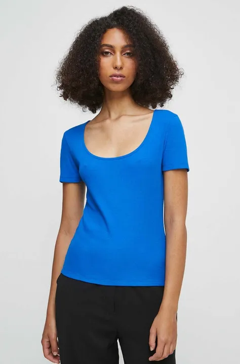 T-shirt bawełniany damski prążkowany z domieszką elastanu kolor niebieski