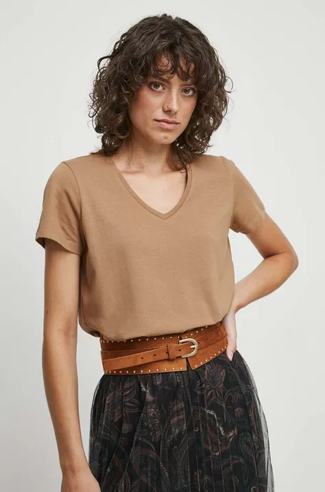 T-shirt bawełniany damski gładki z domieszką elastanu kolor beżowy