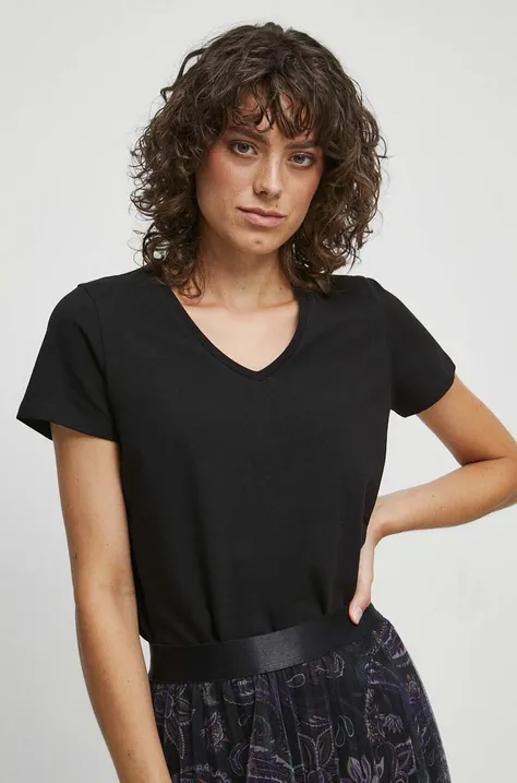 T-shirt bawełniany damski gładki z domieszką elastanu kolor czarny