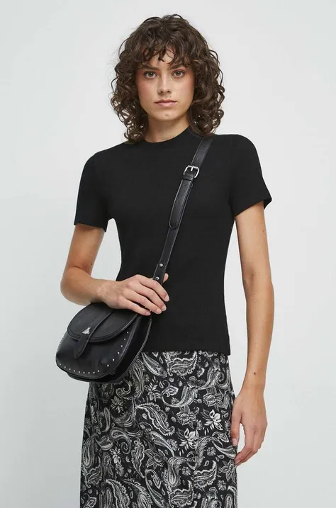 T-shirt bawełniany damski z fakturą z domieszką elastanu kolor czarny