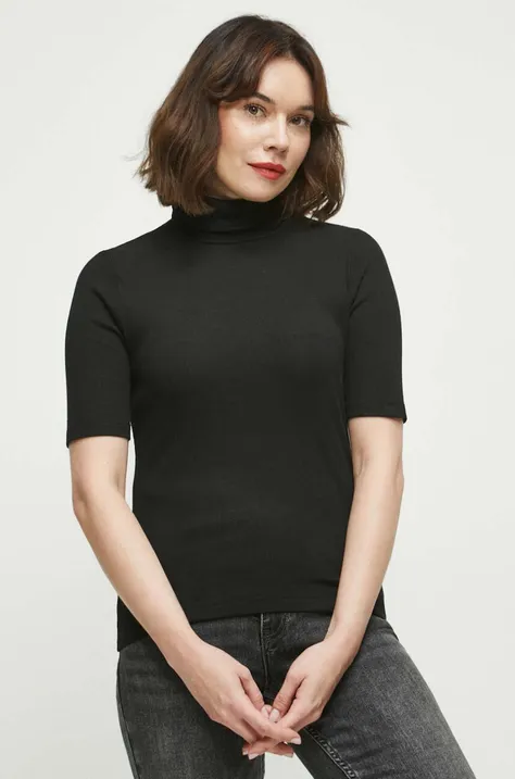 T-shirt damski z golfem prążkowany kolor czarny