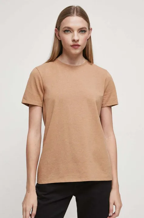 T-shirt bawełniany damski gładki kolor beżowy