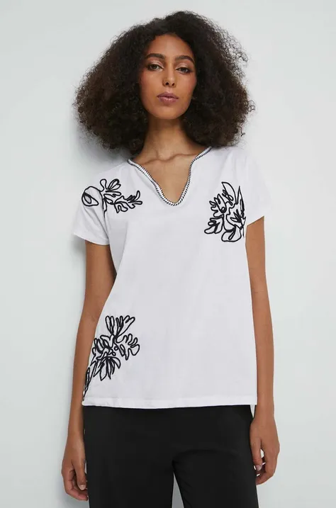 T-shirt bawełniany damski z ozdobną aplikacją kolor biały