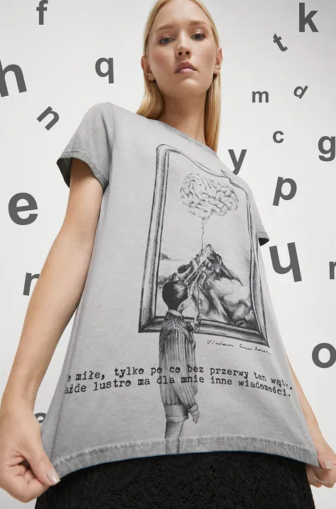 T-shirt bawełniany damski - Kolekcja jubileuszowa. 2023 Rok Wisławy Szymborskiej x Medicine, kolor szary