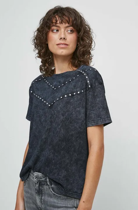 T-shirt bawełniany damski z ozdobną aplikacją kolor szary