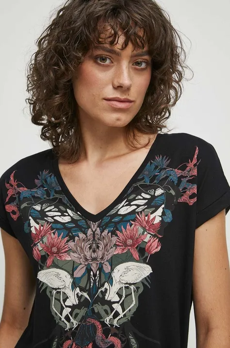 T-shirt bawełniany damski z nadrukiem kolor czarny