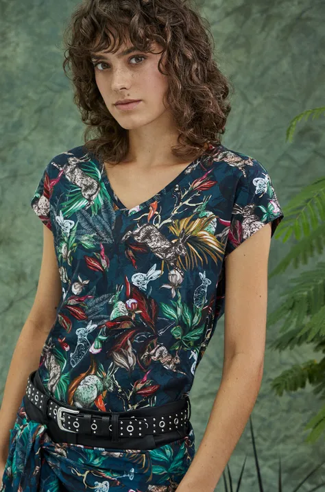T-shirt bawełniany damski z kolekcji Graficzny Atlas Zwierząt kolor niebieski