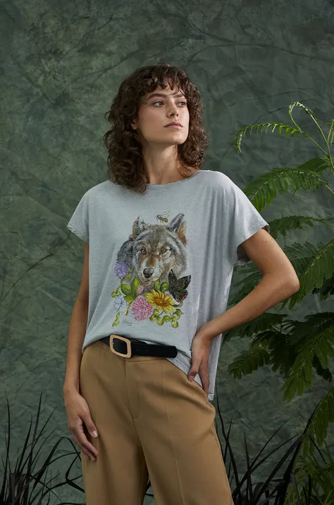 Bavlnené tričko dámske z kolekcie Grafický atlas zvierat šedá farba