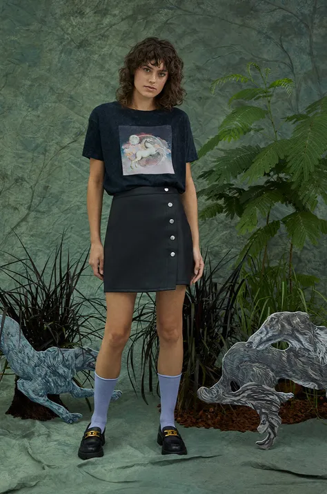 T-shirt bawełniany damski z kolekcji Graficzny Atlas Zwierząt kolor szary