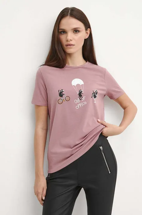 T-shirt bawełniany damski z domieszką elastanu kolor różowy