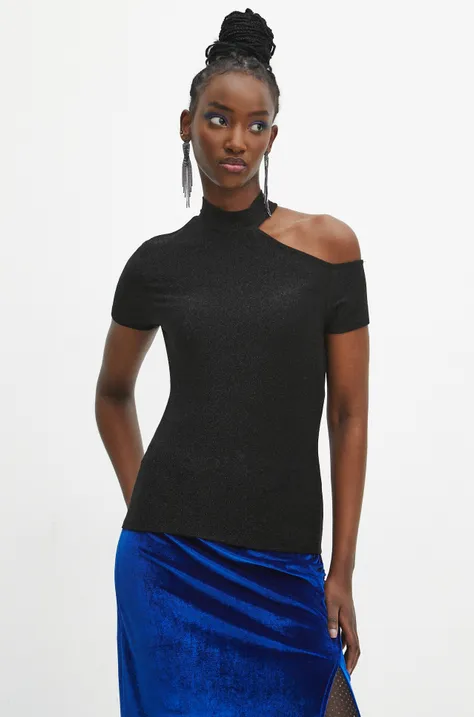 T-shirt damski z metaliczną nicią kolor czarny