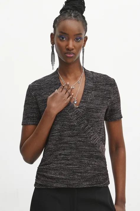 T-shirt damski z metaliczną nicią kolor bordowy