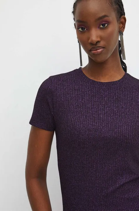 T-shirt damski z metaliczną nicią kolor fioletowy