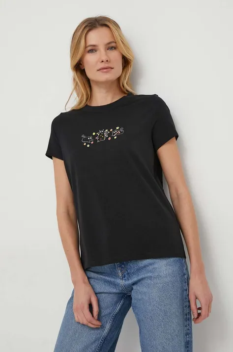 T-shirt bawełniany damski z domieszką elastanu z nadrukiem kolor czarny
