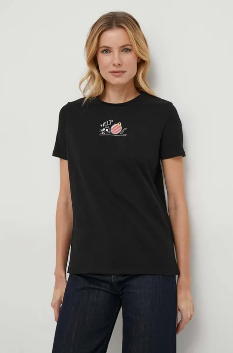 T-shirt bawełniany damski z domieszką elastanu z nadrukiem kolor czarny