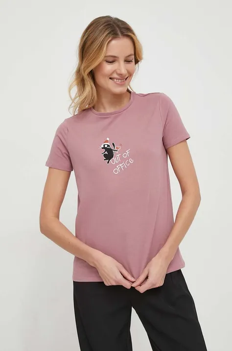 T-shirt bawełniany damski z domieszką elastanu z nadrukiem kolor różowy