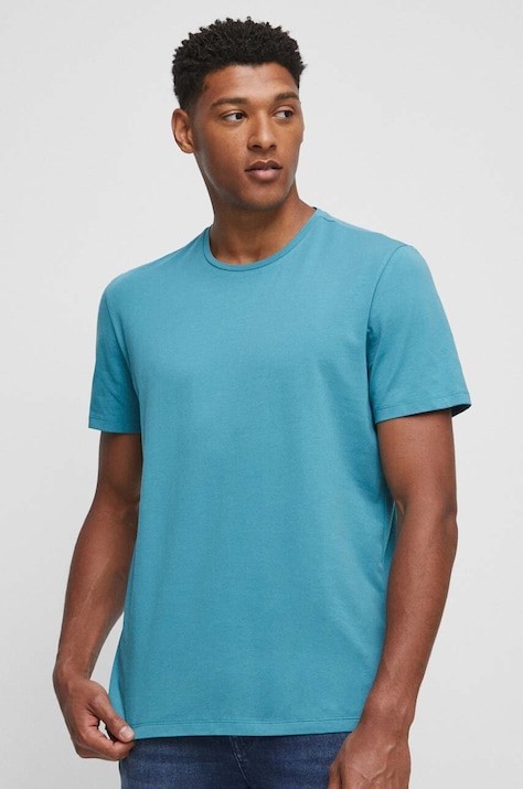 T-shirt bawełniany gładki z domieszką elastanu kolor turkusowy