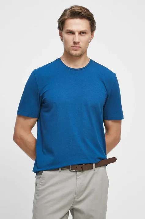 T-shirt bawełniany gładki z domieszką elastanu kolor turkusowy