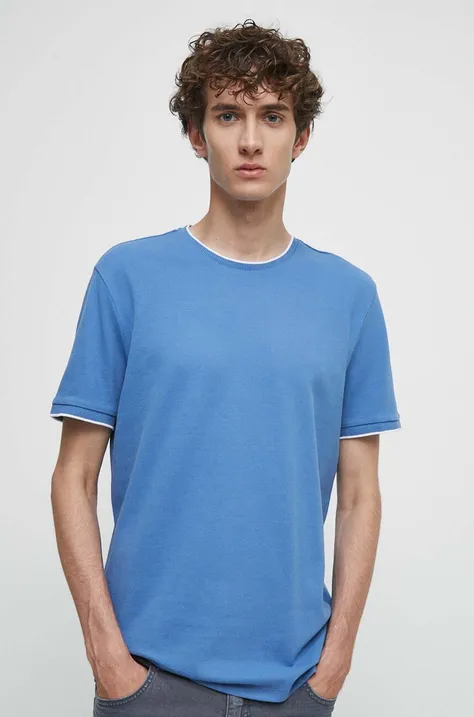 T-shirt bawełniany męskie gładki z domieszką elastanu kolor niebieski