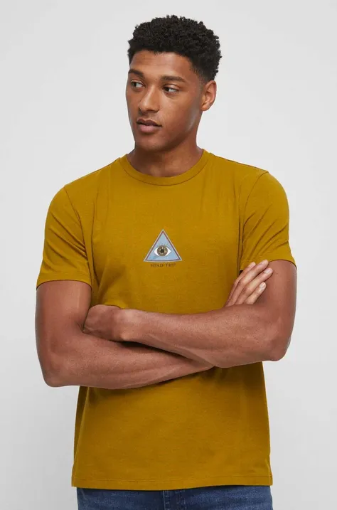 T-shirt bawełniany męski z nadrukiem z domieszką elastanu kolor brązowy