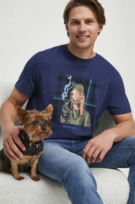T-shirt bawełniany męski z kolekcji na Dzień Psa kolor granatowy