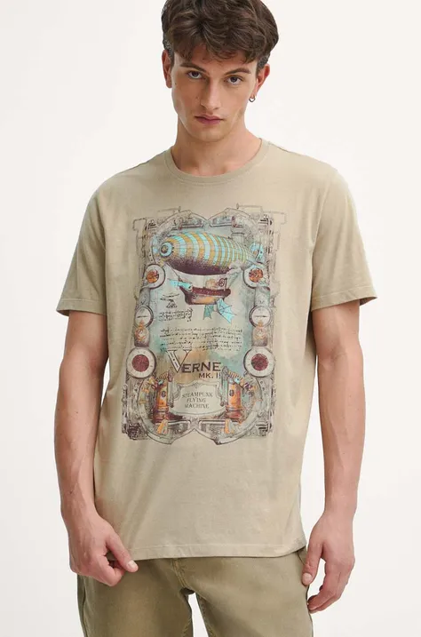 T-shirt bawełniany męski z nadrukiem kolor beżowy