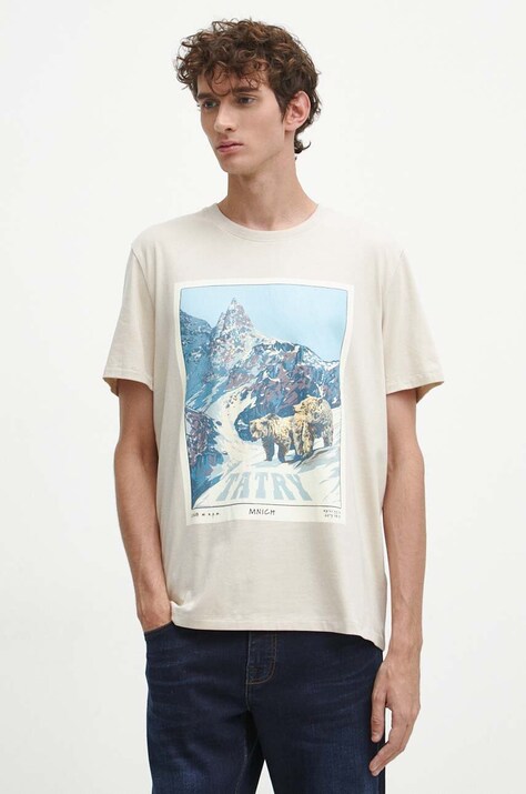 T-shirt bawełniany męski z nadrukiem z domieszką elastanu kolor beżowy