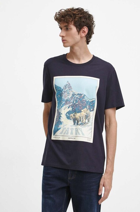 T-shirt bawełniany męski z nadrukiem z domieszką elastanu kolor granatowy