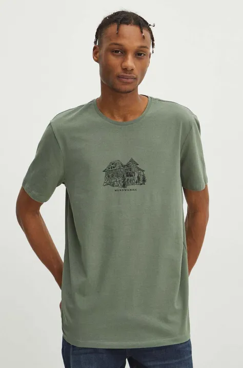 T-shirt bawełniany męski z domieszką elastanu z nadrukiem kolor zielony