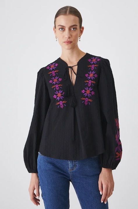 Bluzka bawełniana damska z ozdobnym haftem kolor czarny