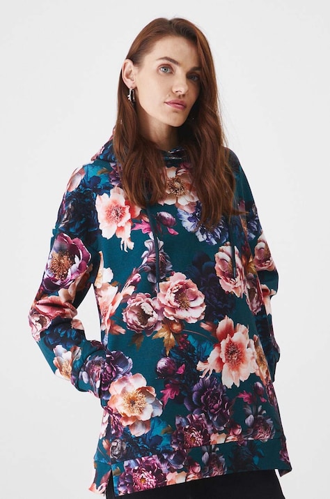 Bluza damska z kapturem w kwiaty  kolor turkusowy