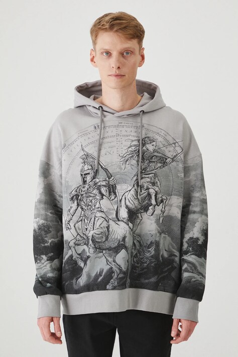 Bluza męska z kapturem wzorzysta kolor szary