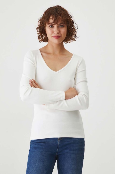 Longsleeve bawełniany damski z domieszką elastanu prążkowany kolor beżowy
