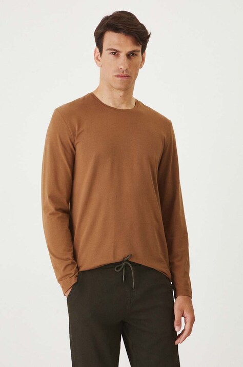 Longsleeve bawełniany męski z domieszką elastanu gładki kolor brązowy