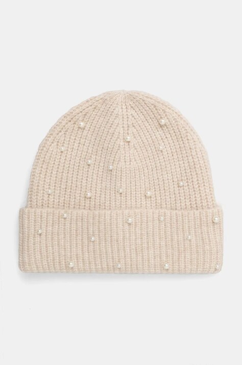 Czapka z domieszką wełny damska beanie z aplikacją  kolor beżowy