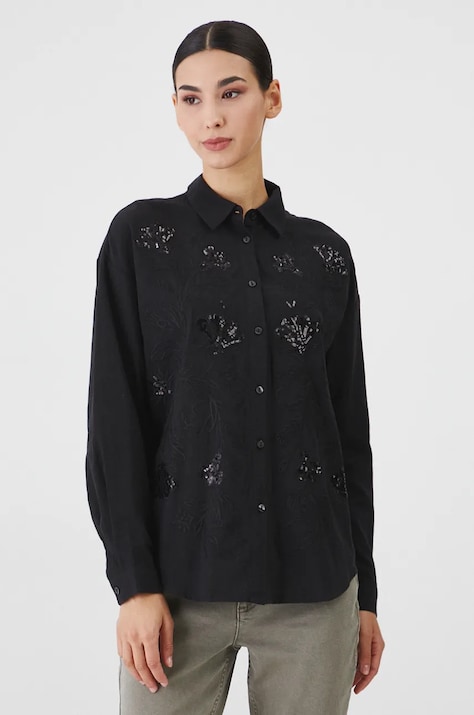 Bavlněná košile oversized, s ozdobnou nášivkou černá barva