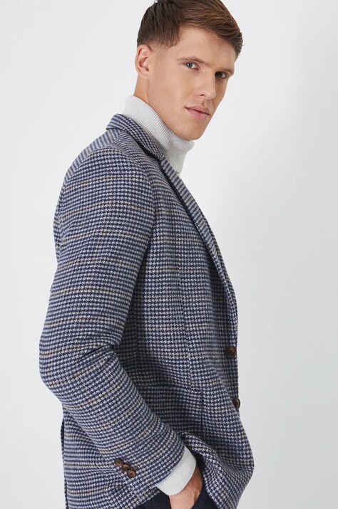 Marynarka z domieszką wełny męska slim w kratę kolor granatowy