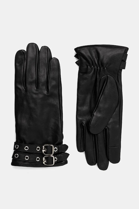 Rękawiczki skórzane damskie z klamrami kolor czarny
