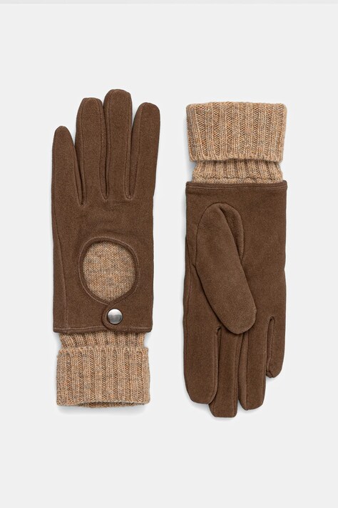 Rękawiczki zamszowe damskie z domieszką wełny kolor brązowy