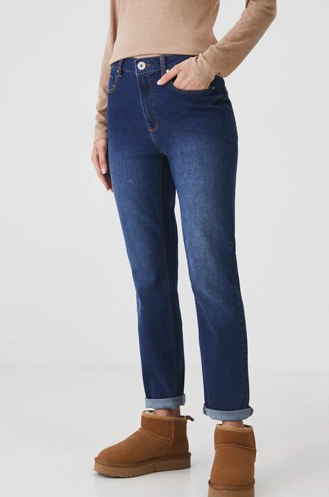 Jeansy damskie mom fit z efektem sprania kolor granatowy