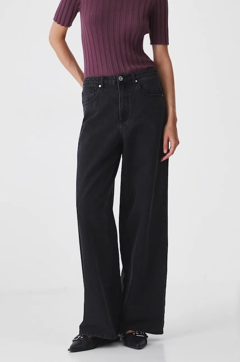 Jeansy damskie wide leg z efektem sprania  kolor czarny