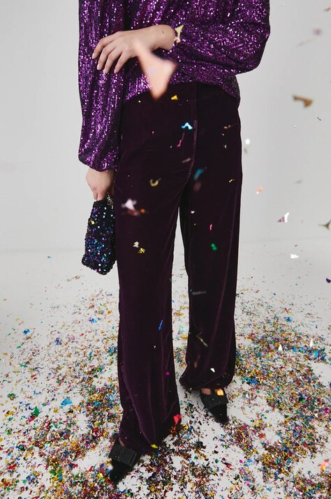 Spodnie damskie wide leg welurowe kolor fioletowy