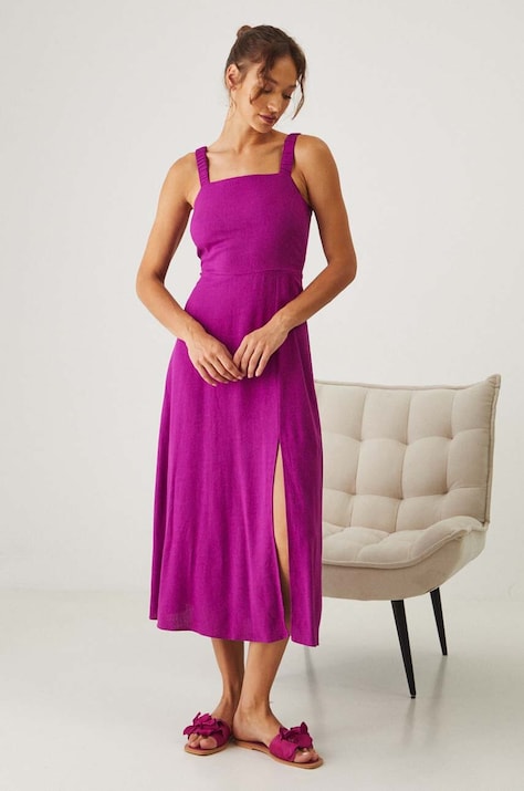 Medicine rochie din amestec de in culoarea violet, midi, evazată