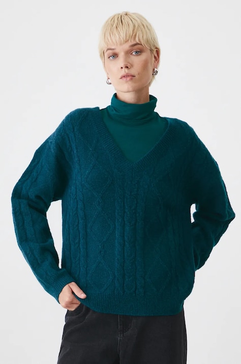 Sweter z domieszką wełny damski melanżowy kolor zielony