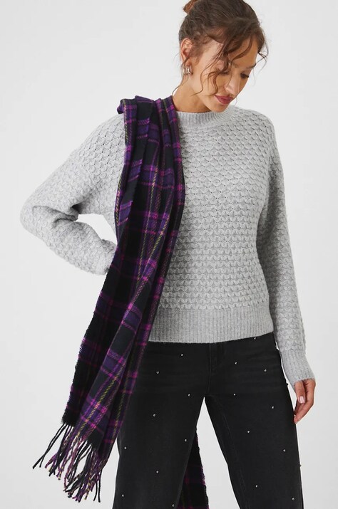 Sweter z domieszką wełny damski z fakturą  kolor szary