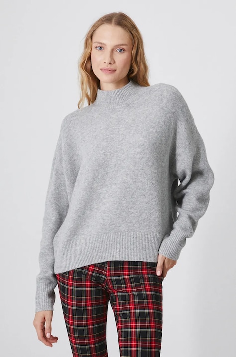 Sweter z domieszką wełny damski melanżowy kolor szary
