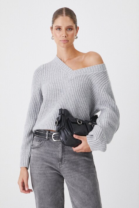 Sweter z domieszką wełny damski prążkowany  kolor szary