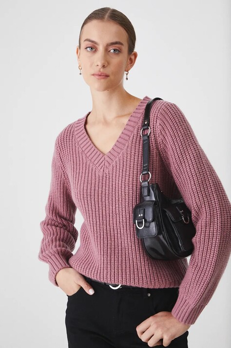 Sweter z domieszką wełny damski prążkowany  kolor różowy